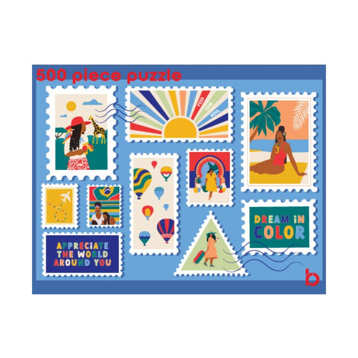 The Be Rooted World Traveler | 500 Piece Jigsaw Puzzle comes in a travel-friendly box and features vibrant, stamp-style illustrations of people, hot air balloons, a rainbow, and uplifting messages like βDREAM IN COLORβ and βAPPRECIATE THE WORLD AROUND YOU.β Perfect for anyone inspired by adventure and the beauty of discovery.