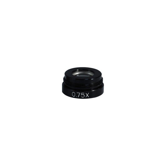 0.75X Auxiliary Objective Barlow Lens for MZ0701 Video Zoom Microscope (25mm), SKU MZ07014311, three quarter front view