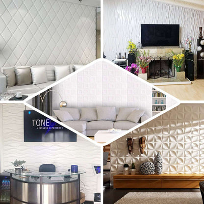 Textured wall panels in various interior settings, showcasing stylish design options.