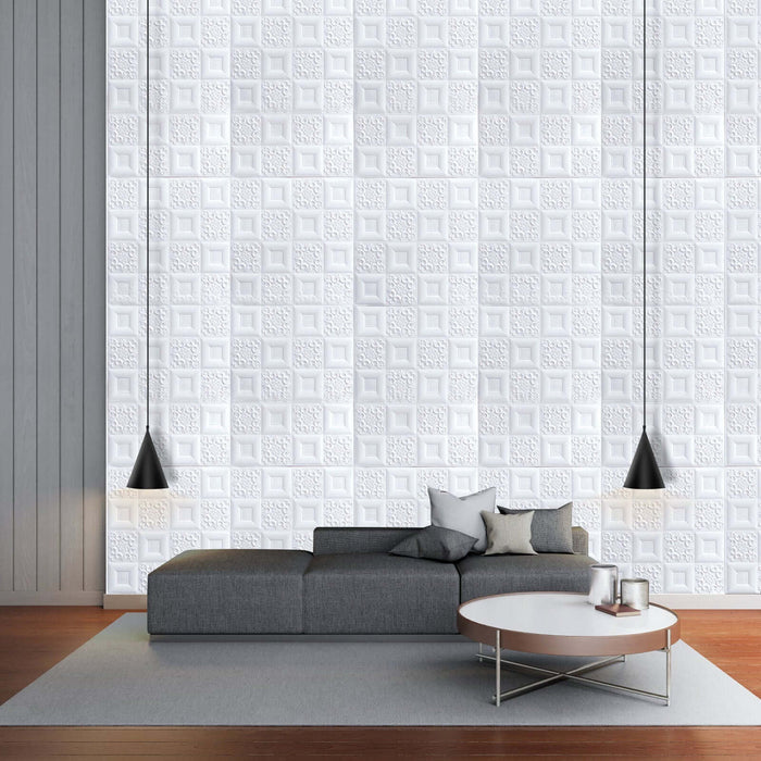 Modern living room with textured white wall and stylish furniture.