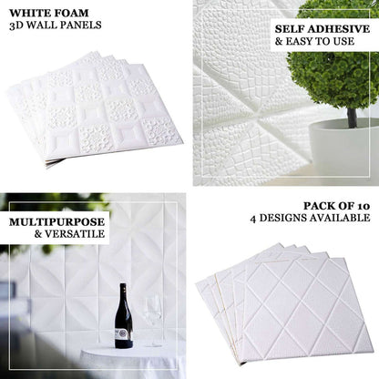 Self-adhesive white foam 3D wall panels, pack of 10, versatile design options.
