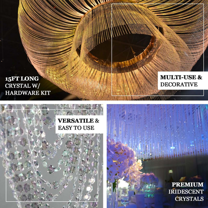 15ft long crystal decoration with hardware kit, versatile and premium iridescent crystals.