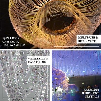 15ft long crystal decoration with hardware kit, versatile and premium iridescent crystals.