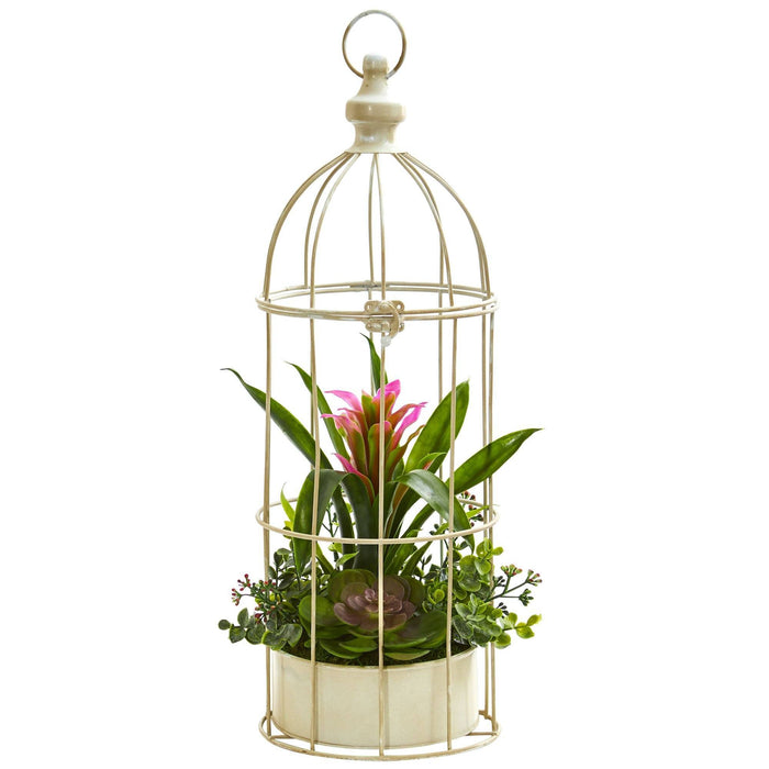 19” Bromeliad & Succulent Artificial Arrangement in Bird Cage
