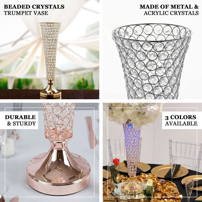 Beaded metal and acrylic crystal trumpet vase, available in three colors.