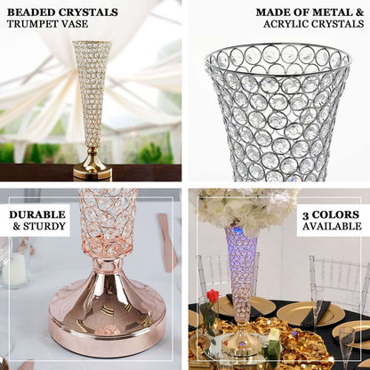 Beaded metal and acrylic crystal trumpet vase, available in three colors.