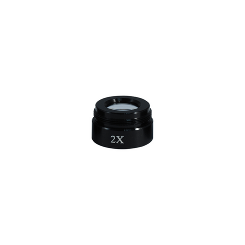 2.0X Auxiliary Objective Barlow Lens for MZ0701 Video Zoom Microscope (25mm), SKU MZ07014611, three quarter front view