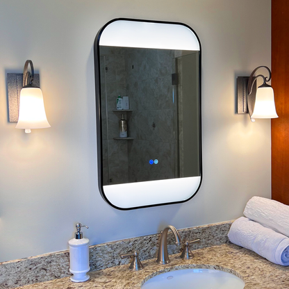 Black framed LED bathroom mirror 20x32 with anti-fog defogger