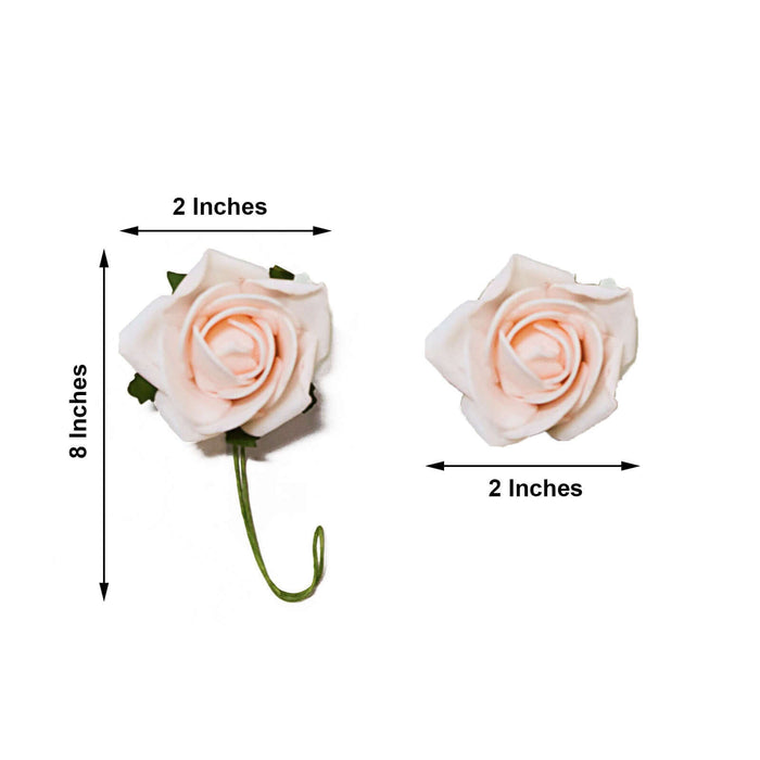 Pink rose flower, 8 inches long, 2 inches wide, studio shot on white background.