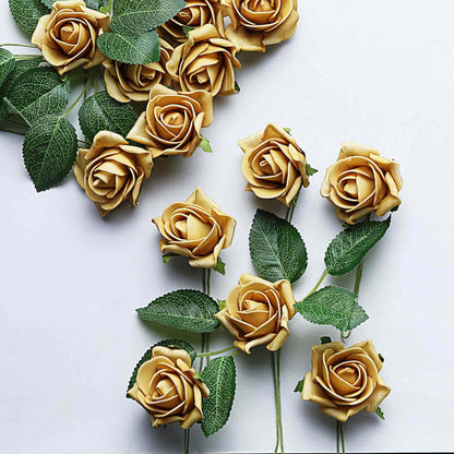 Yellow edible roses with green leaves on a white background