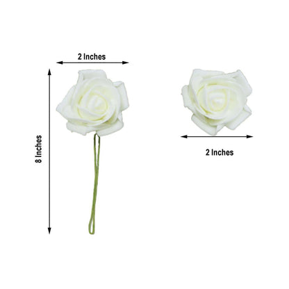 White artificial rose flower with dimensions 8 inches by 2 inches.