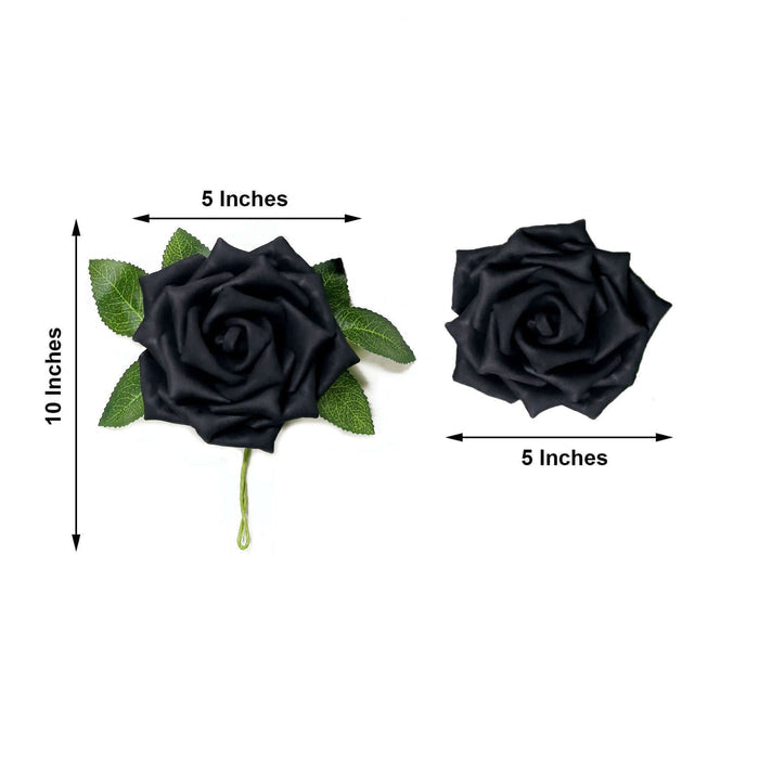 Black rose with leaves, measuring 10 inches by 5 inches.