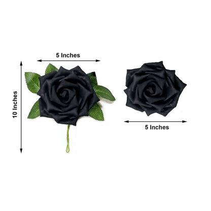 Black rose with leaves, measuring 10 inches by 5 inches.