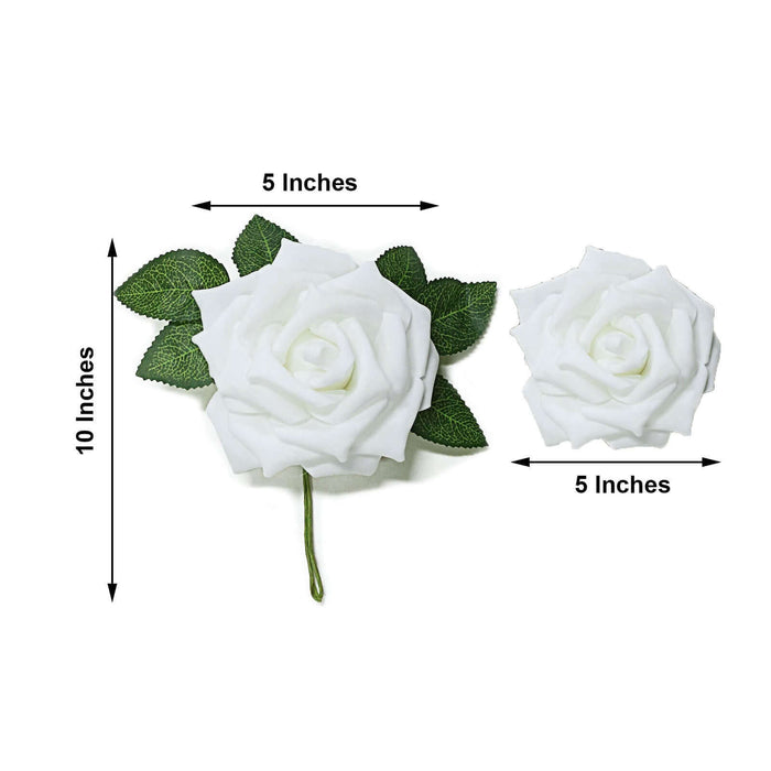 White artificial rose with green leaves, 10-inch height and 5-inch width.