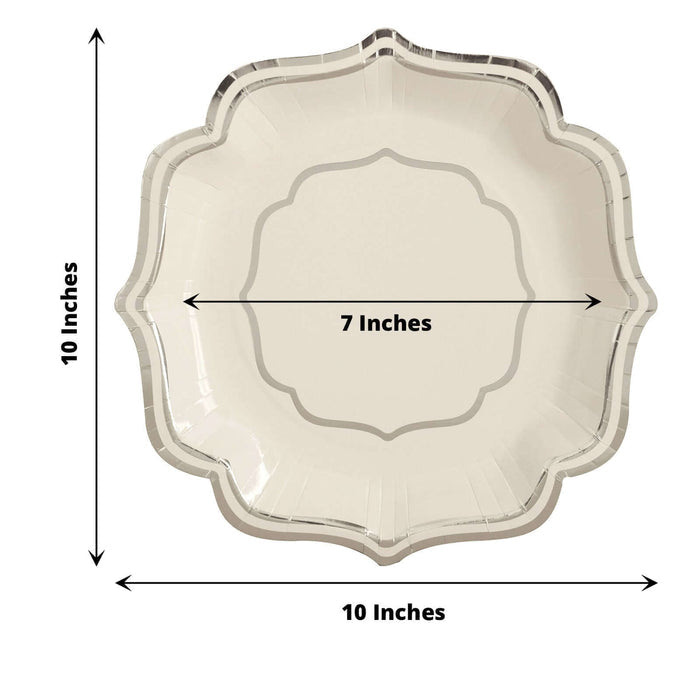 Elegant 10-inch scalloped edge plate in cream color with silver trim.
