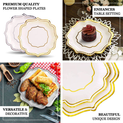 Flower-shaped plates with elegant gold trim for table setting.
