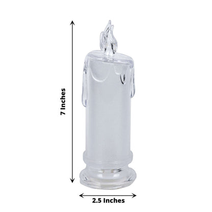 Clear glass candle holder with flame design, 7 inches tall and 2.5 inches wide.