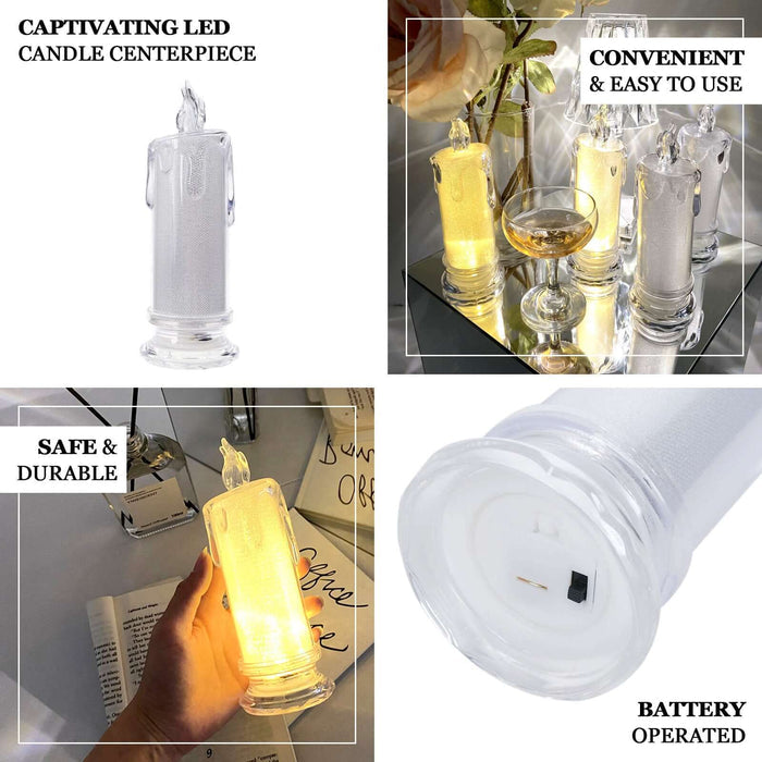 LED candle centerpiece, battery-operated, safe and durable for various settings.