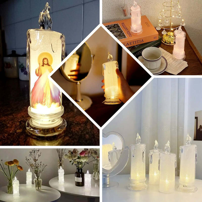 Decorative LED candles with religious imagery in various settings.