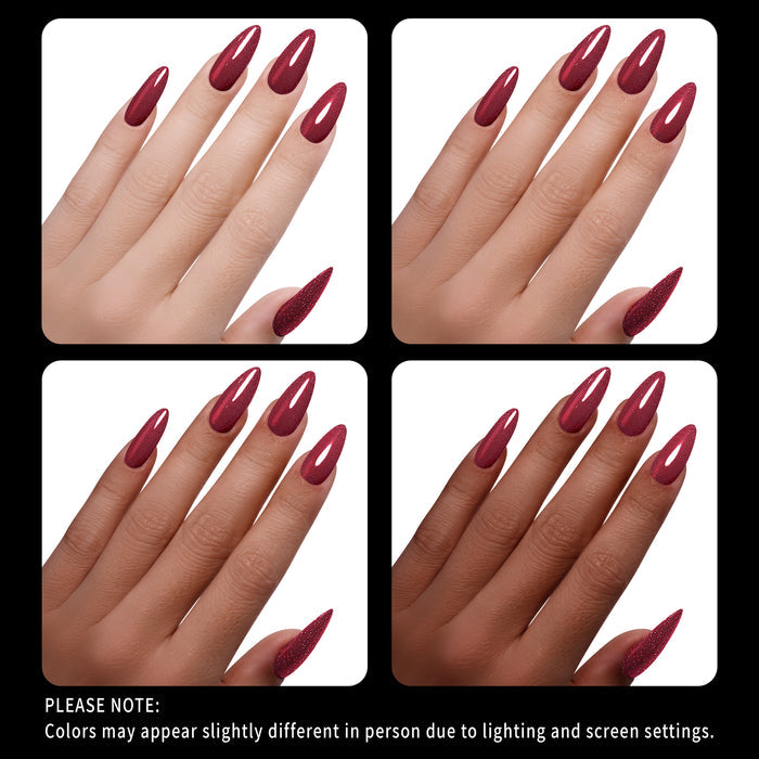 Four views of hands with red glitter nail polish on a white background