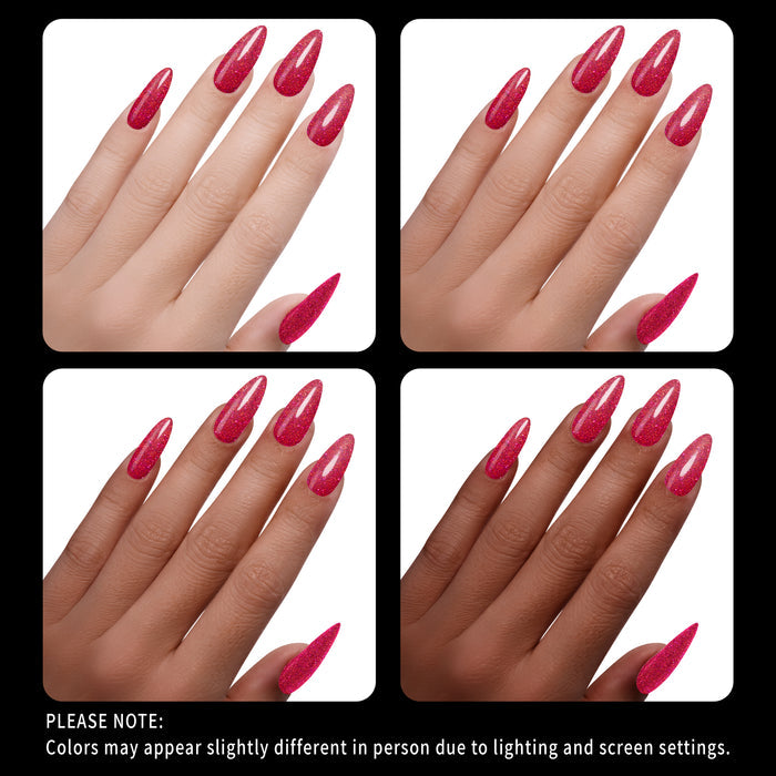 Four views of hands with pink red glitter nail polish on a white background