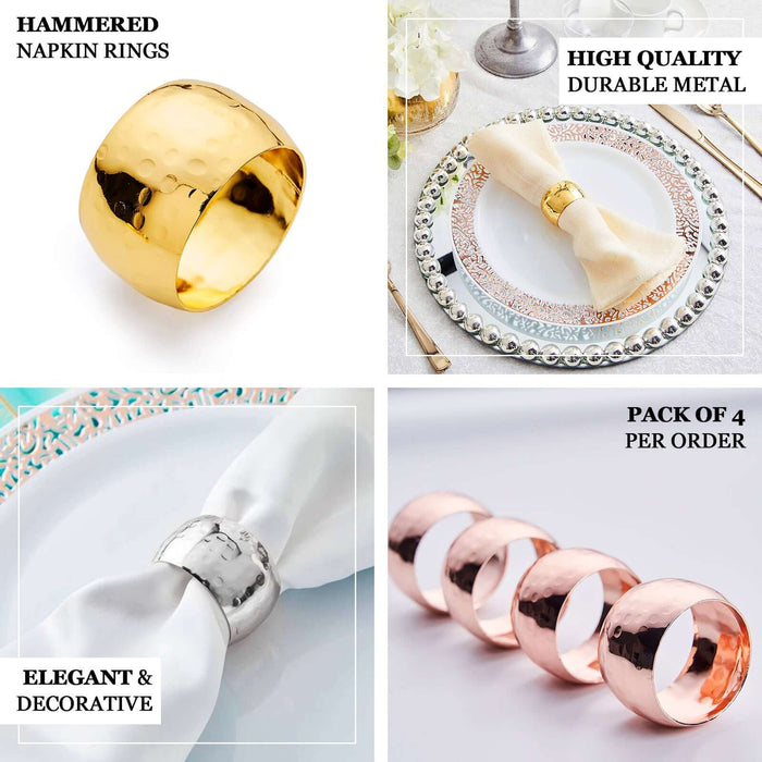 Hammered napkin rings in gold, silver, and rose gold, pack of 4.