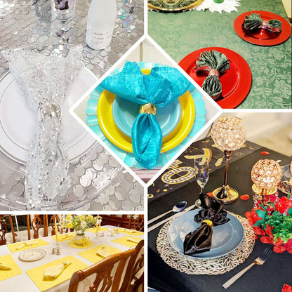Elegant table settings with decorative napkin folds and vibrant tableware.