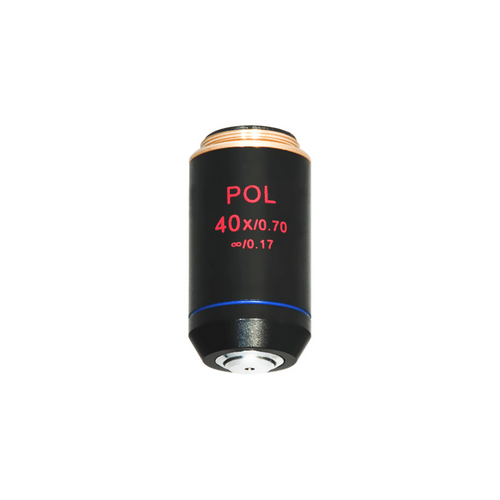 40X Infinity-Corrected Achromatic POL Polarizing Microscope Objective Lens 20.3mm, 4/5in. with Black Finish, SKU PL03023512, three quarter front view