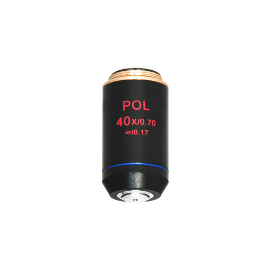 40X Infinity-Corrected Achromatic POL Polarizing Microscope Objective Lens 20.3mm, 4/5in. with Black Finish, SKU PL03023512, three quarter front view