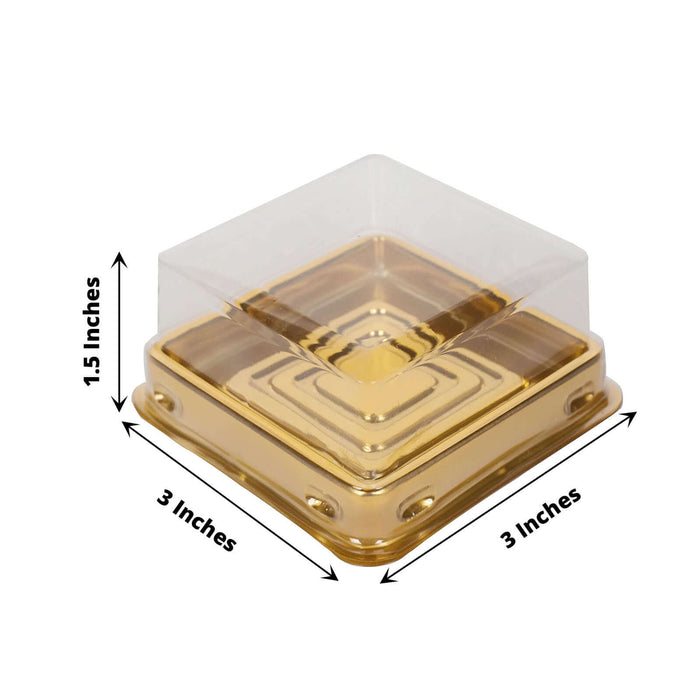 Gold square box with clear lid, dimensions 3x3 inches, height 1.5 inches.