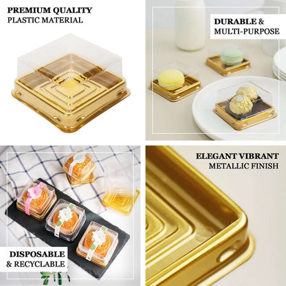 Elegant gold dessert packaging with clear lid, showcasing premium quality and versatility.