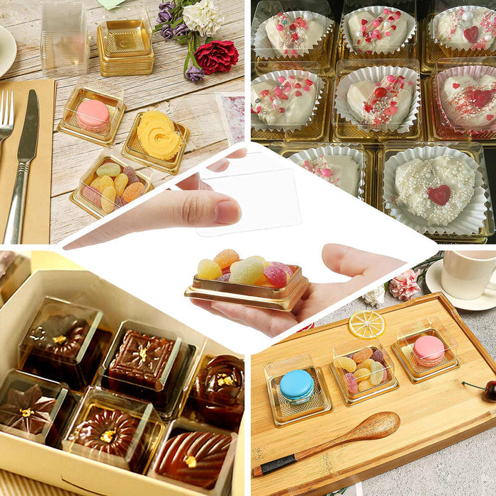 Assorted transparent dessert packaging boxes for sweets and treats.