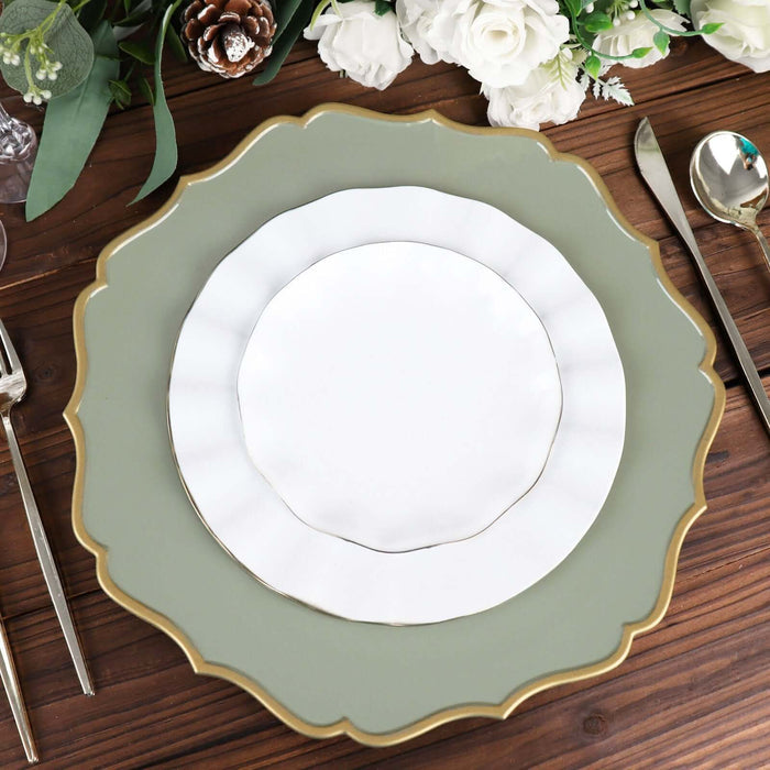 Elegant layered dinner plates on a rustic wooden table setting.