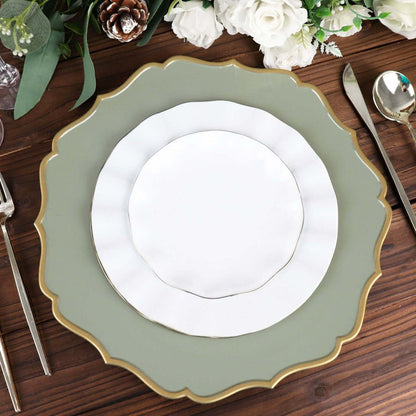 Elegant layered dinner plates on a rustic wooden table setting.