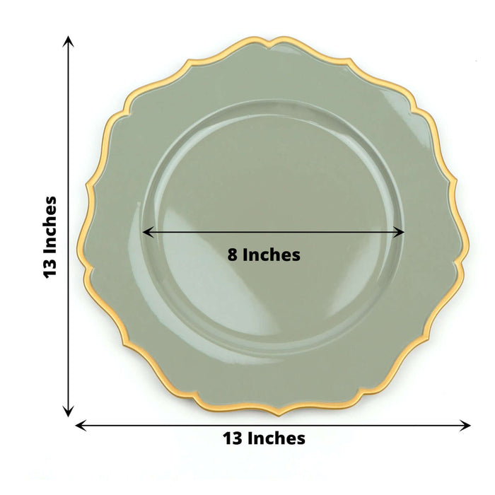 Green decorative plate with scalloped edge, measuring 13 inches wide.
