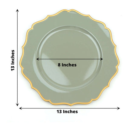 Green decorative plate with scalloped edge, measuring 13 inches wide.