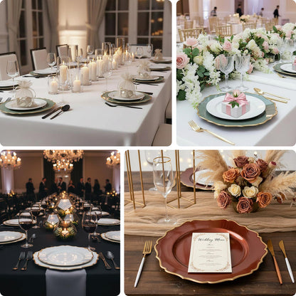 Elegant wedding table settings with floral arrangements and candlelight.