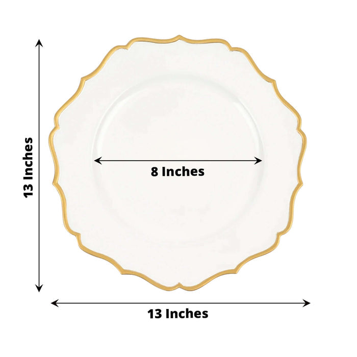 White decorative plate with gold trim, 8 inches in diameter and 13 inches wide.