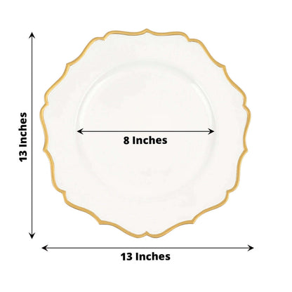White decorative plate with gold trim, 8 inches in diameter and 13 inches wide.