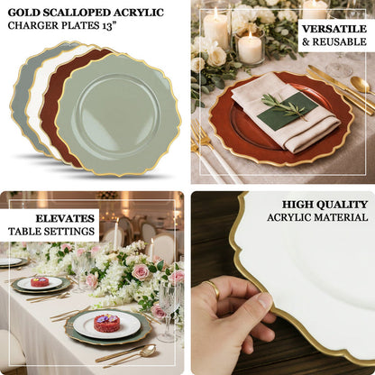 Gold scalloped acrylic charger plates, versatile and reusable, 13 inches.