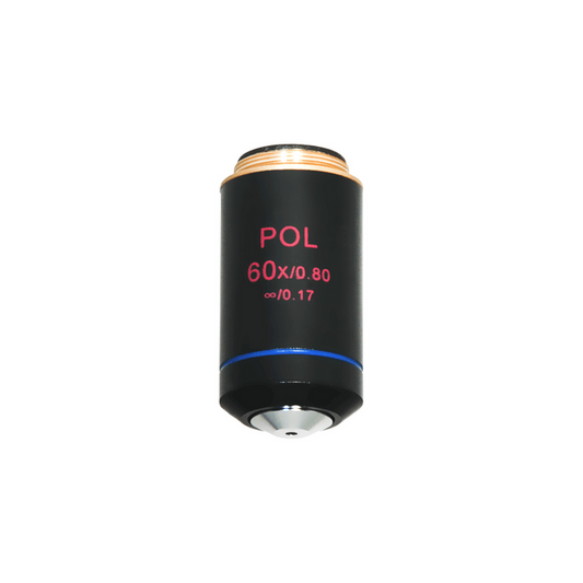 60X Infinity-Corrected Achromatic POL Polarizing Microscope Objective Lens 20.3mm 4/5in. with Black Finish, SKU PL03023612, three quarter front view