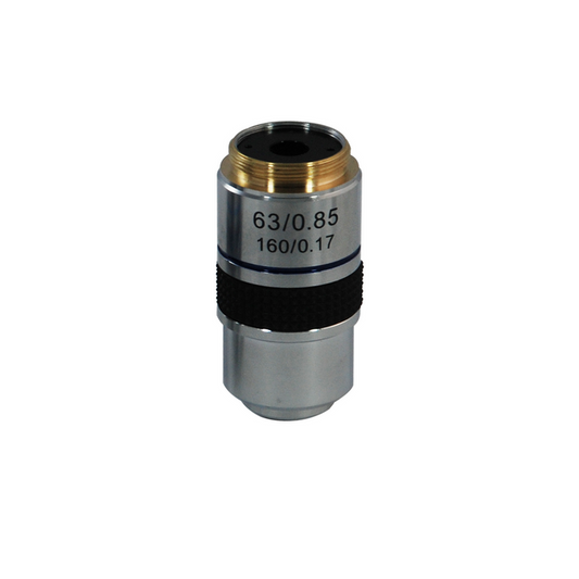 63X Achromatic Polarizing Microscope Objective Lens (Spring) 20.3mm, 4/5in., SKU PL04083611, three quarter front view