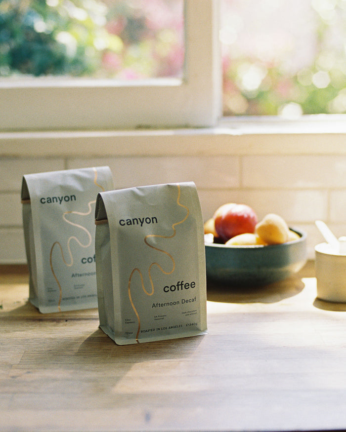 A bag of Afternoon Decaf Coffee by Canyon Coffee at home