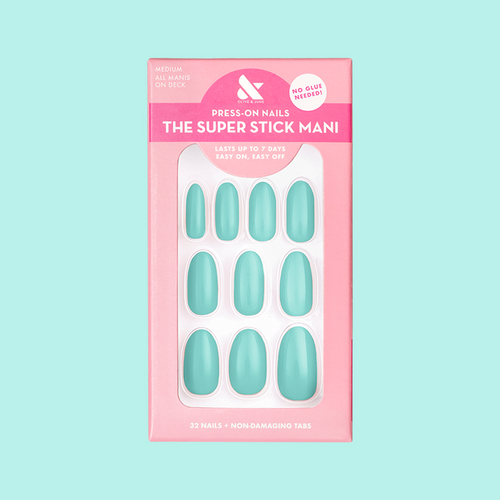 All Manis on Deck | Medium | Oval - Tab Press-On nails in bright blue-green shown in packaging on pastel background