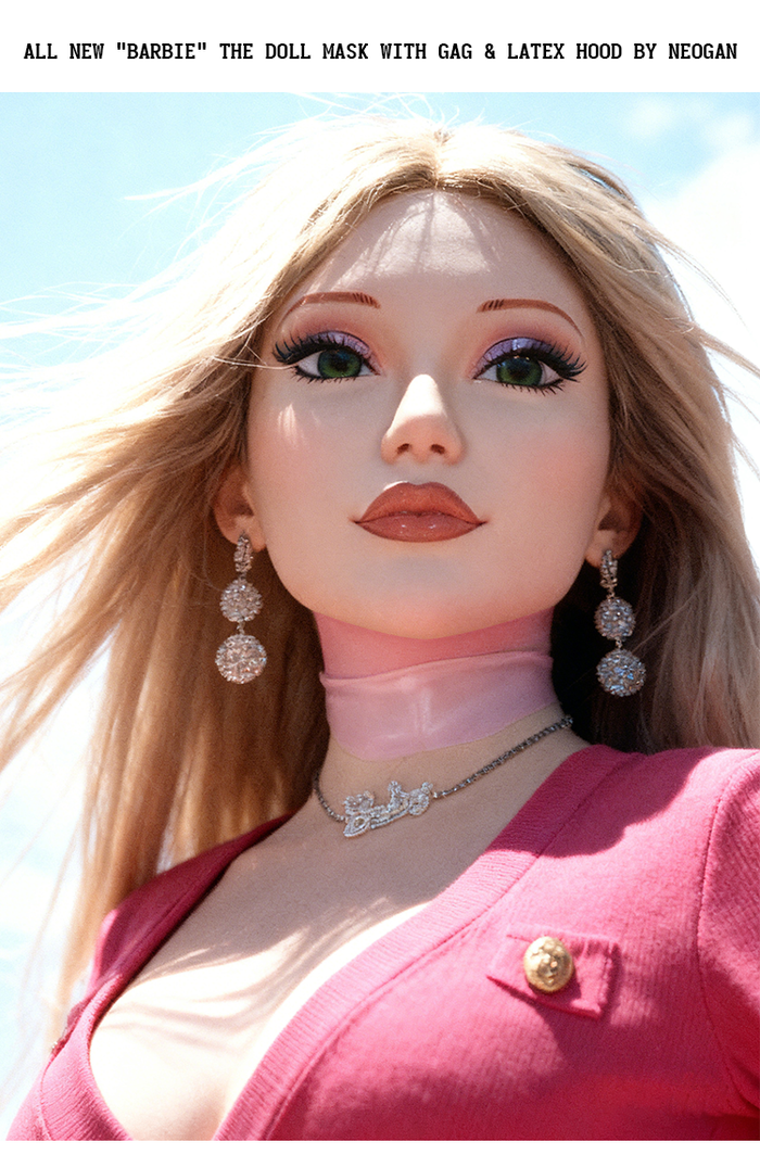 All New Barbie doll mask with gag and latex hood by InTheMask by MOLIS, featuring detailed pink Barbie-themed design.