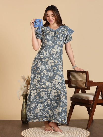Grey Designer Maxi Frock Nighty For Women