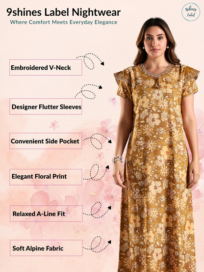Alpine Designer Nighty Yellow A-Line Fit with Floral Embroidery
