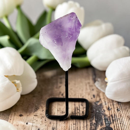 Amethyst crystal on a stand with white tulips in the background