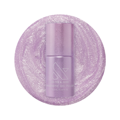 Olive and June Amethyst Velvet - Gel polish bottle on sparkling pastel lavender magnetic gel polish background