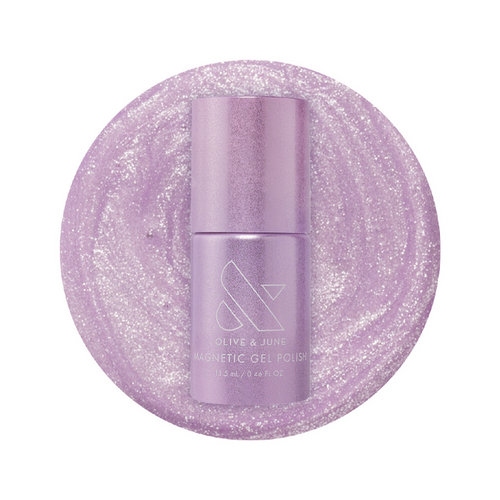 Olive and June Amethyst Velvet - Gel polish bottle on sparkling pastel lavender magnetic gel polish background